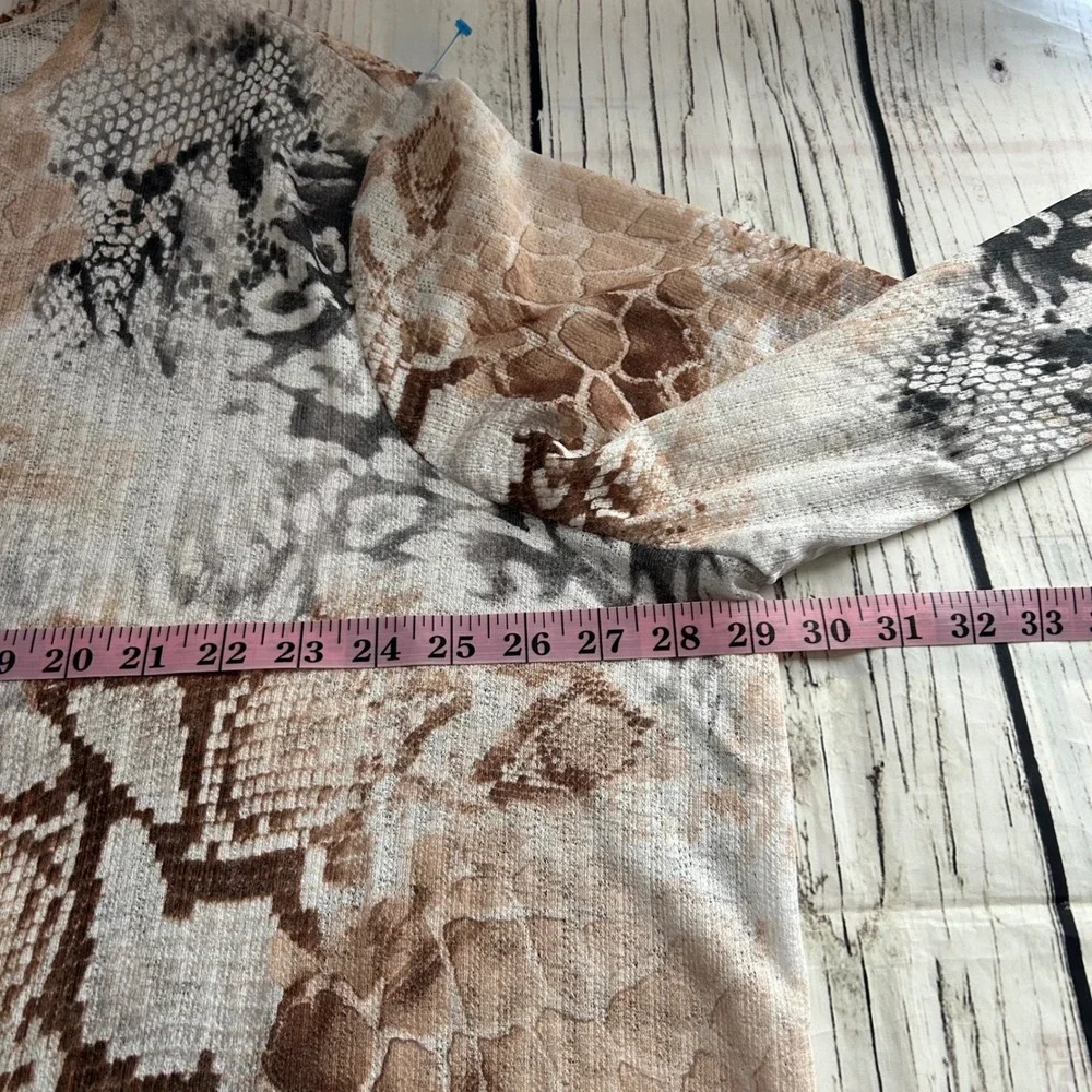 Alfred Dunner‎ Woman Animal Print Open Front Cardigan Brown Tan Grey Snake Print